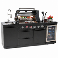 Outdoor Kitchen Island Black Stainless Steel with Sink & 46-Inch 4-Burner 72000 BTU Grill, Wine Cooler, Refrigerator, Rotisserie Kit & Granite Countertops