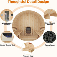 Outdoor Traditional Barrel Sauna Built for Wellness, 4-6 Person Capacity, 6KW Electric Heater, Solid Wood