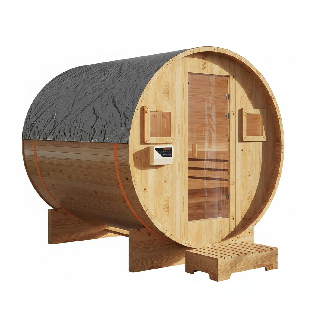 Outdoor Traditional Barrel Sauna Built for Wellness, 4-6 Person Capacity, 6KW Electric Heater, Solid Wood