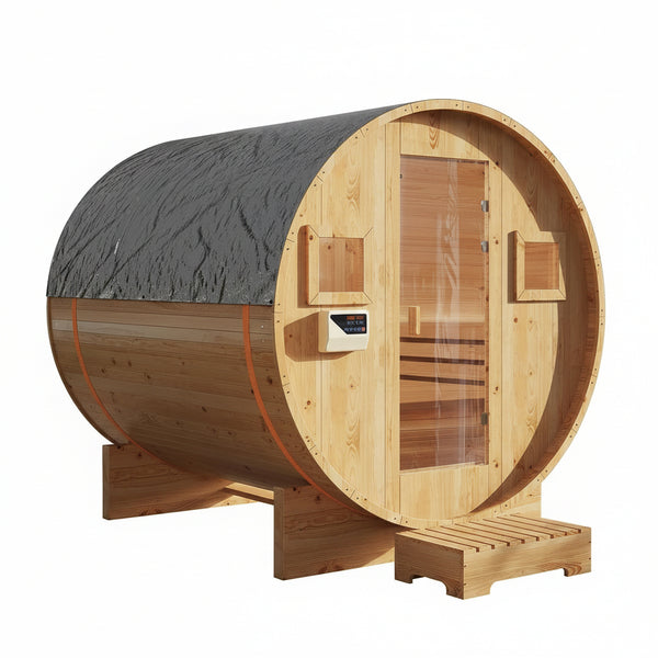 Outdoor Traditional Barrel Sauna Built for Wellness, 4-6 Person Capacity, 6KW Electric Heater, Solid Wood