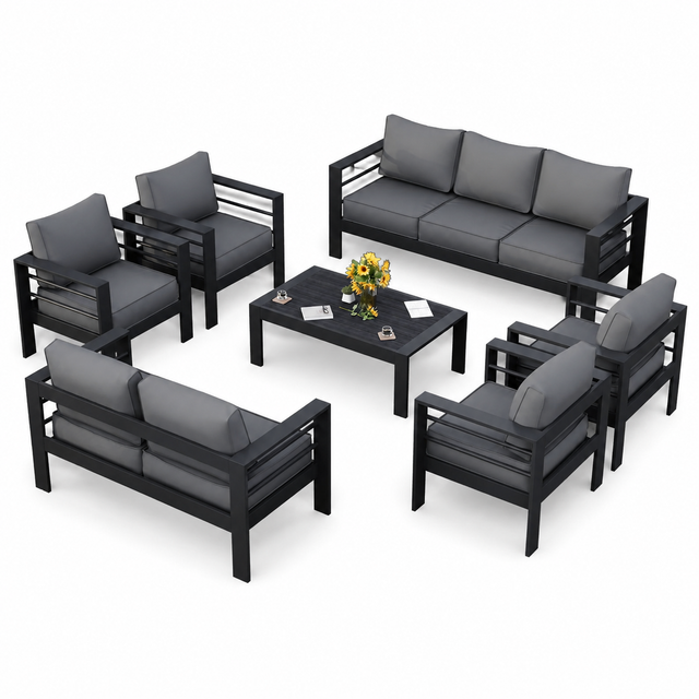 Aluminum Patio Furniture Set, 7 Piece Metal Outdoor Set, Patio Furniture Set with Waterproof Covers for Backyard Garden（Grey）
