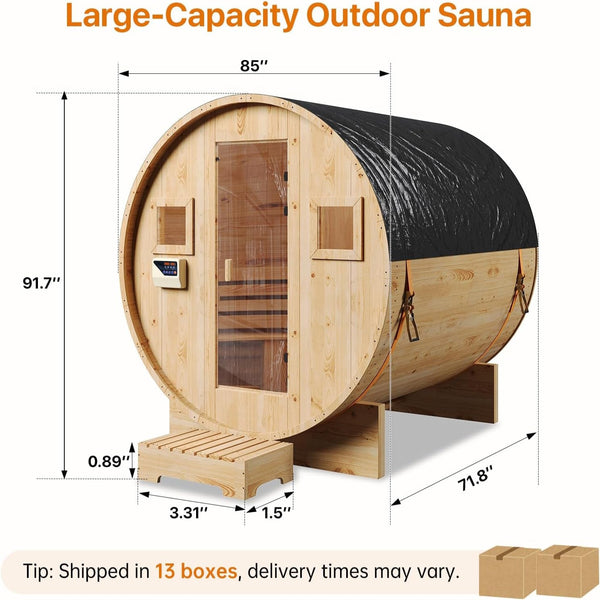 Outdoor Traditional Barrel Sauna Built for Wellness, 4-6 Person Capacity, 6KW Electric Heater, Solid Wood